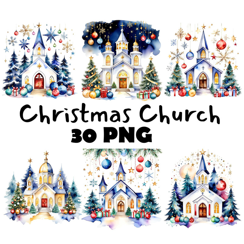 Christmas Church Watercolor Clipart PNG Digital Download Festive Church Illustrations Transparent B 0