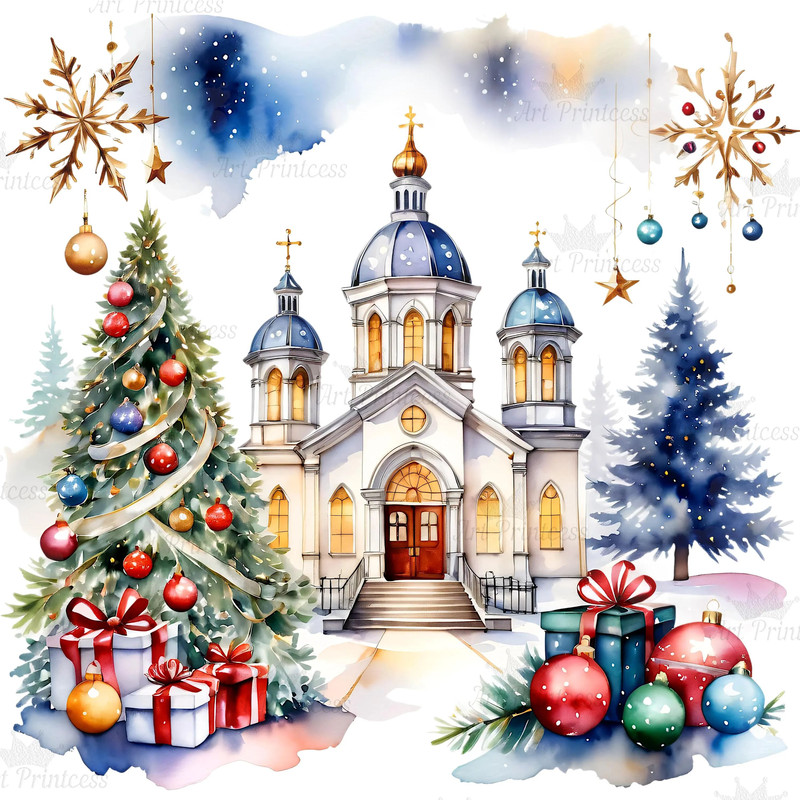 Christmas Church Watercolor Clipart PNG Digital Download Festive Church Illustrations Transparent B 1
