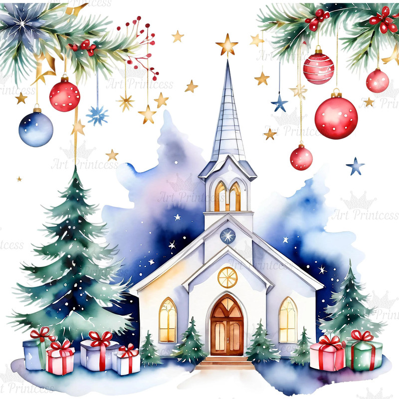 Christmas Church Watercolor Clipart PNG Digital Download Festive Church Illustrations Transparent B 2