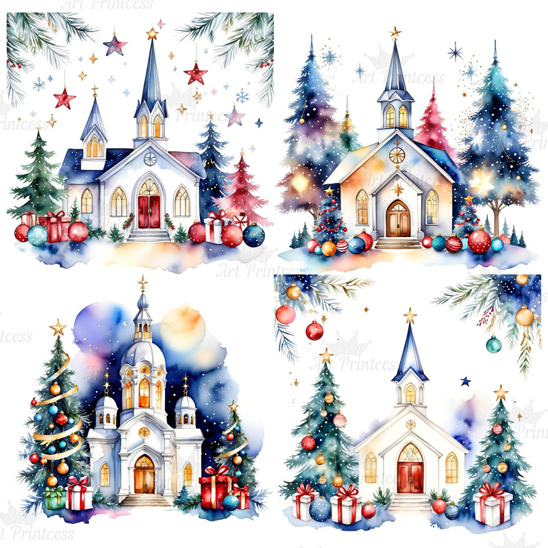 Christmas Church Watercolor Clipart PNG Digital Download Festive Church Illustrations Transparent B 3