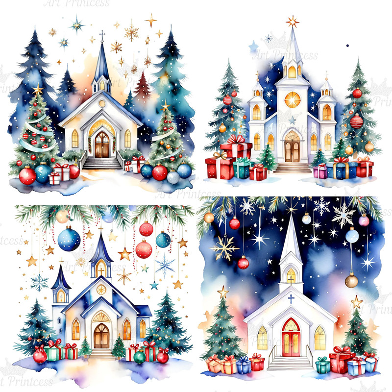 Christmas Church Watercolor Clipart PNG Digital Download Festive Church Illustrations Transparent B 4