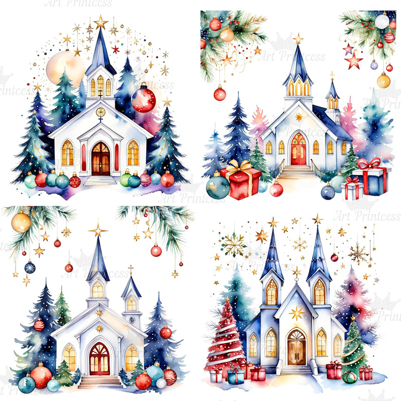 Christmas Church Watercolor Clipart PNG Digital Download Festive Church Illustrations Transparent B 5