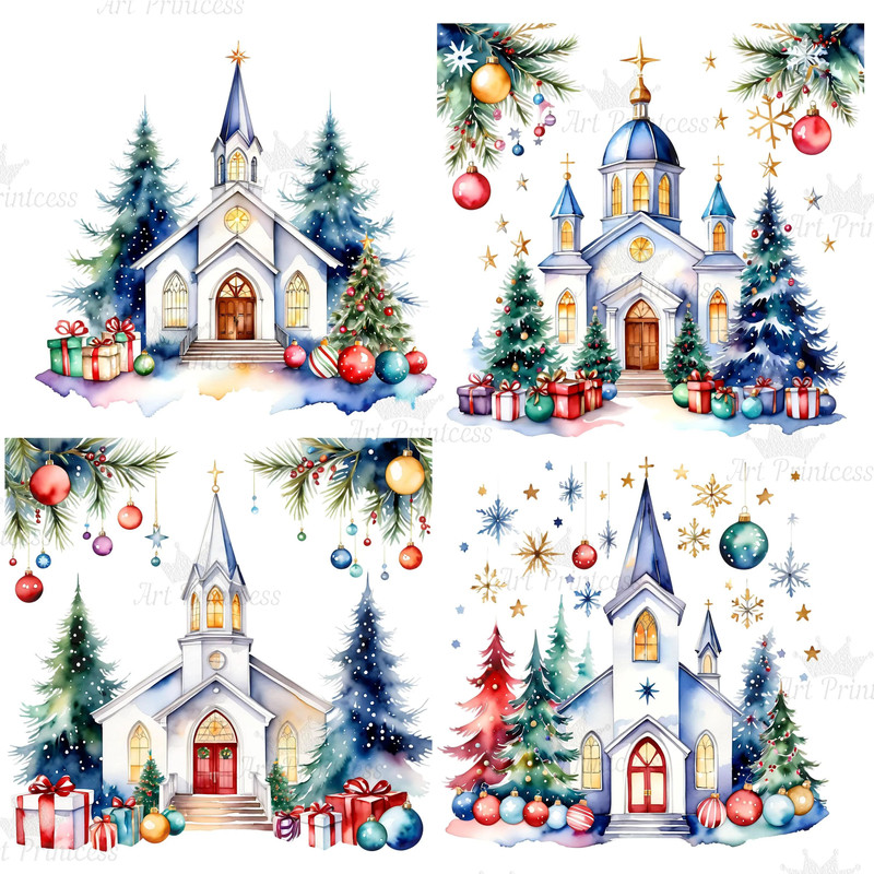 Christmas Church Watercolor Clipart PNG Digital Download Festive Church Illustrations Transparent B 6