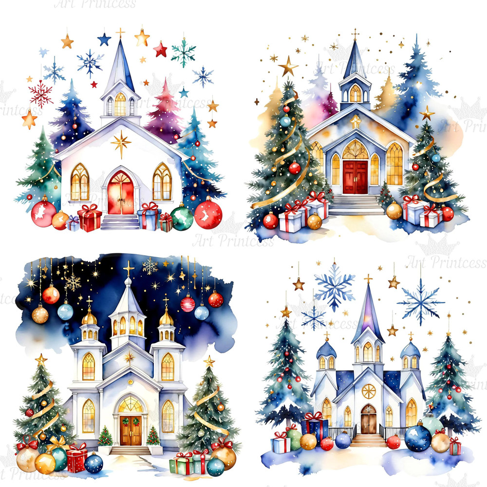 Christmas Church Watercolor Clipart PNG Digital Download Festive Church Illustrations Transparent B 7