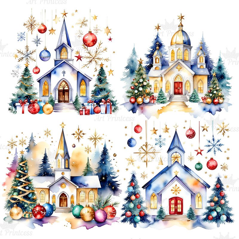 Christmas Church Watercolor Clipart PNG Digital Download Festive Church Illustrations Transparent B 9