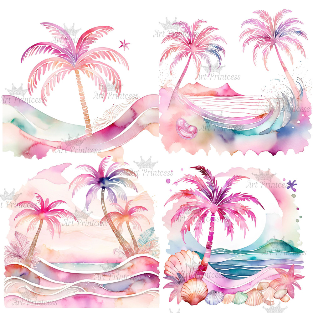 Preppy Palm Tree Watercolor Clipart PNG Pastel Tropical Palm Tree Graphics Transparent Background D 3