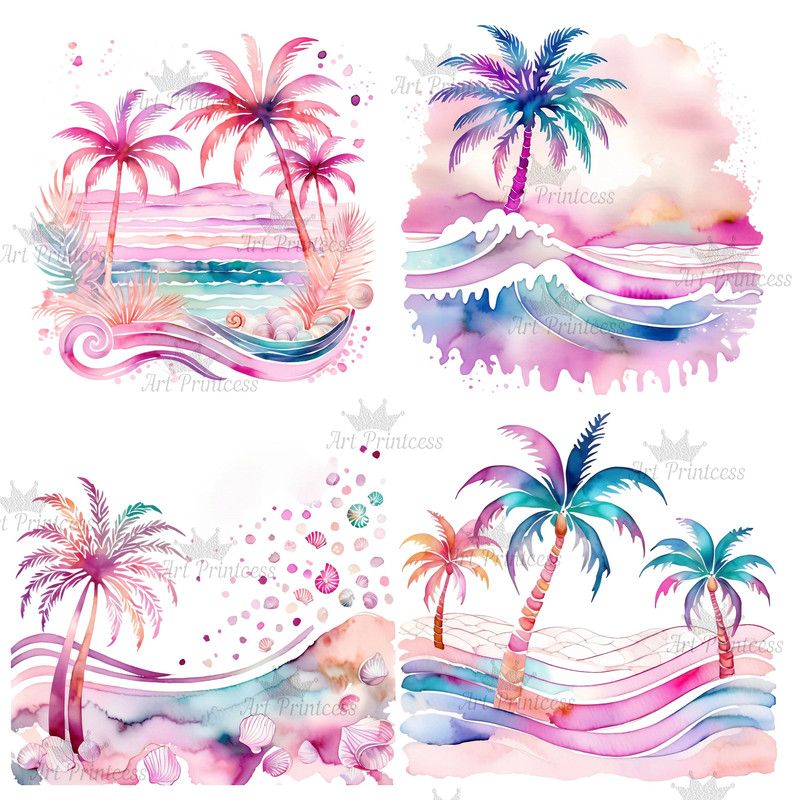 Preppy Palm Tree Watercolor Clipart PNG Pastel Tropical Palm Tree Graphics Transparent Background D 4