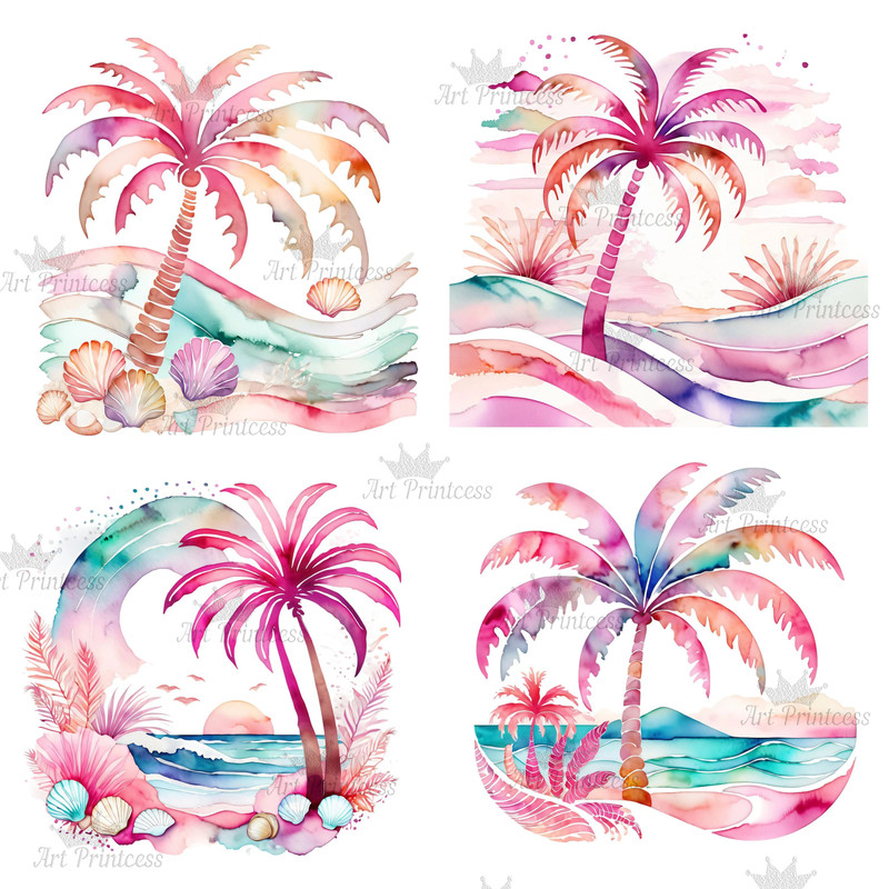 Preppy Palm Tree Watercolor Clipart PNG Pastel Tropical Palm Tree Graphics Transparent Background D 6