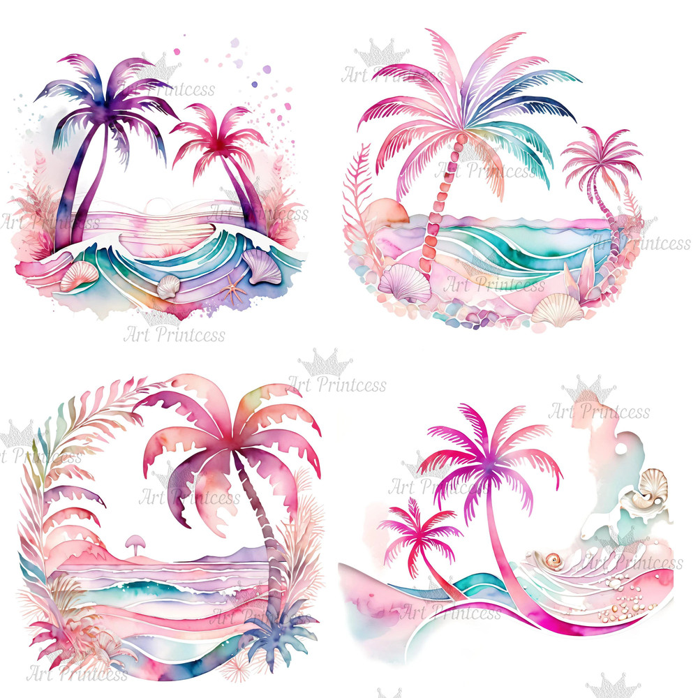 Preppy Palm Tree Watercolor Clipart PNG Pastel Tropical Palm Tree Graphics Transparent Background D 7
