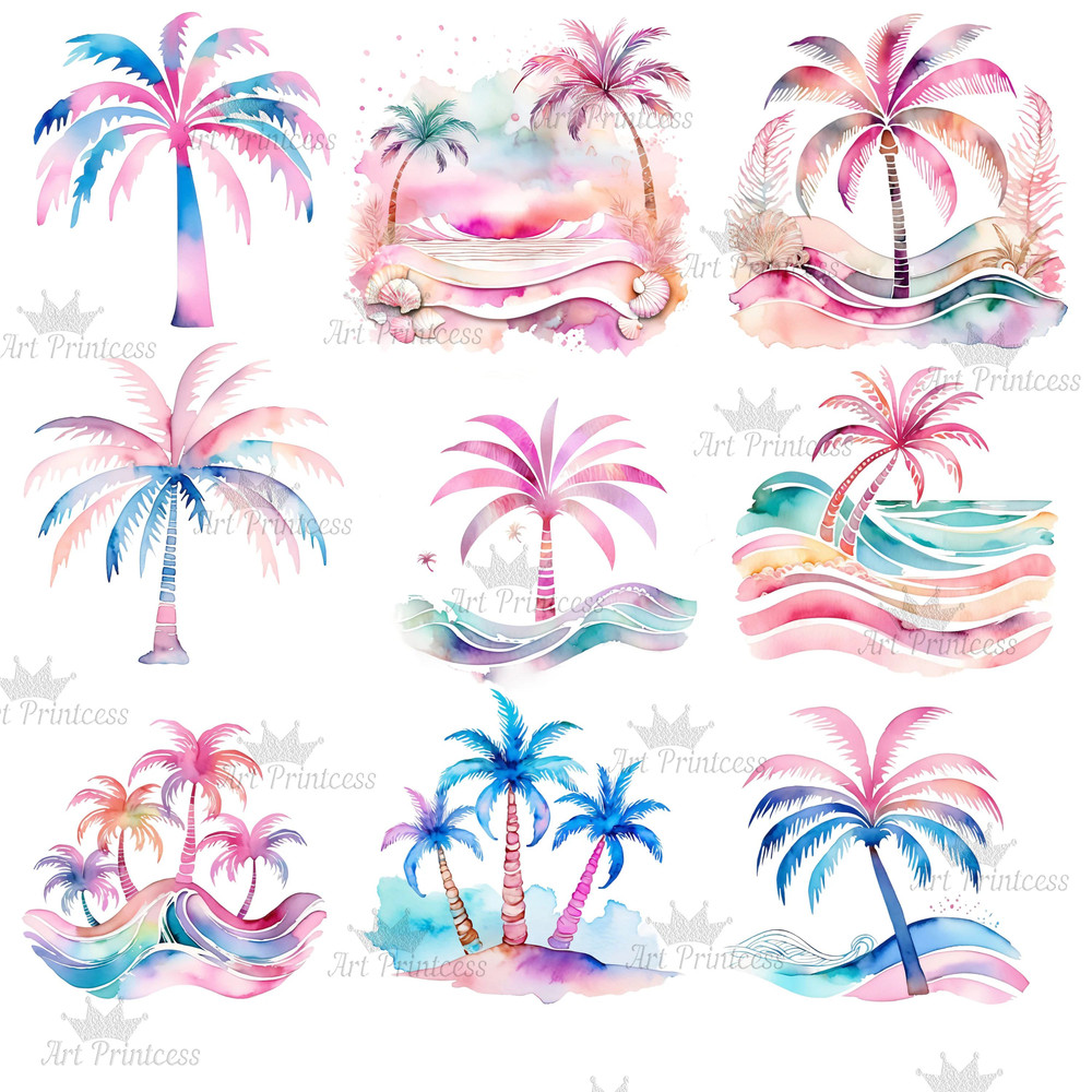 Preppy Palm Tree Watercolor Clipart PNG Pastel Tropical Palm Tree Graphics Transparent Background D 8