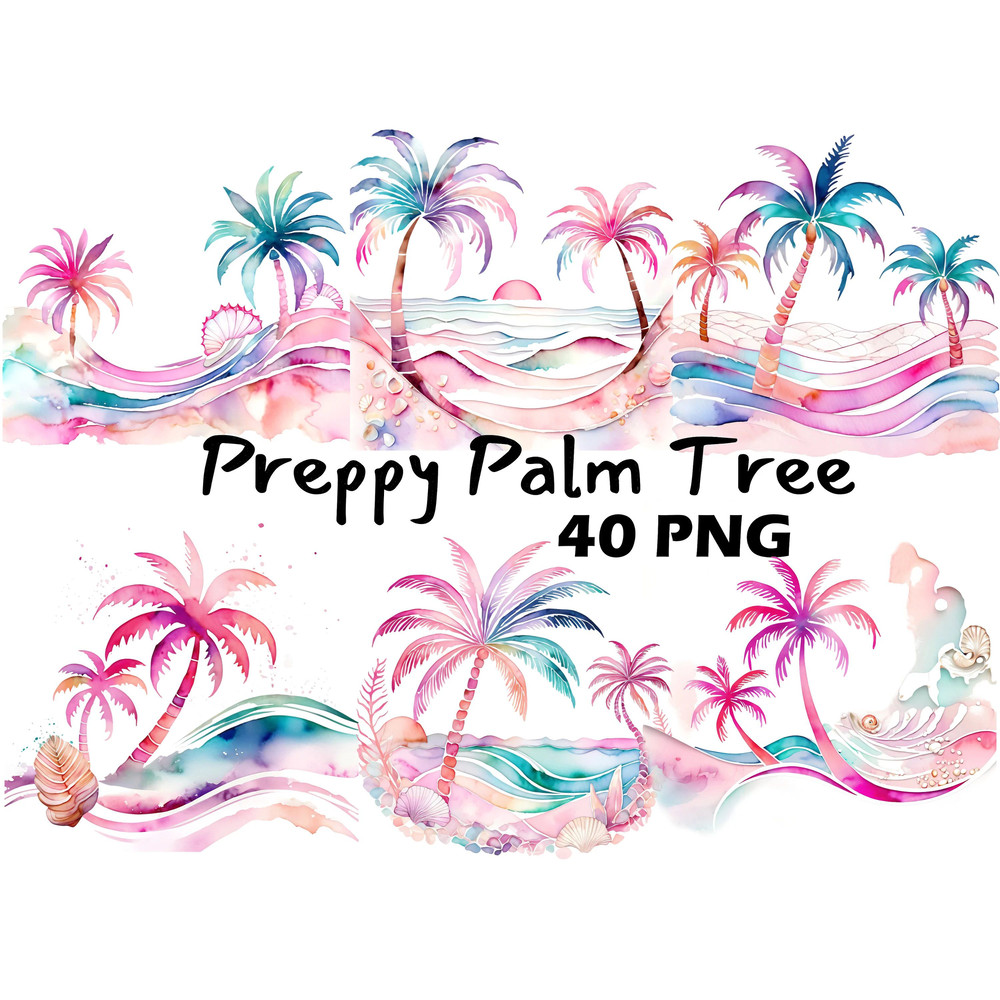 Preppy Palm Tree Watercolor Clipart PNG Pastel Tropical Palm Tree Graphics Transparent Background D 1