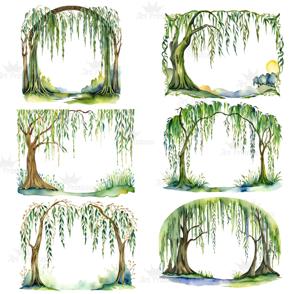 Weeping Willow Tree Border Frame Transparent Background Clipart Bundle For DIY Invitations Cards Pr 1