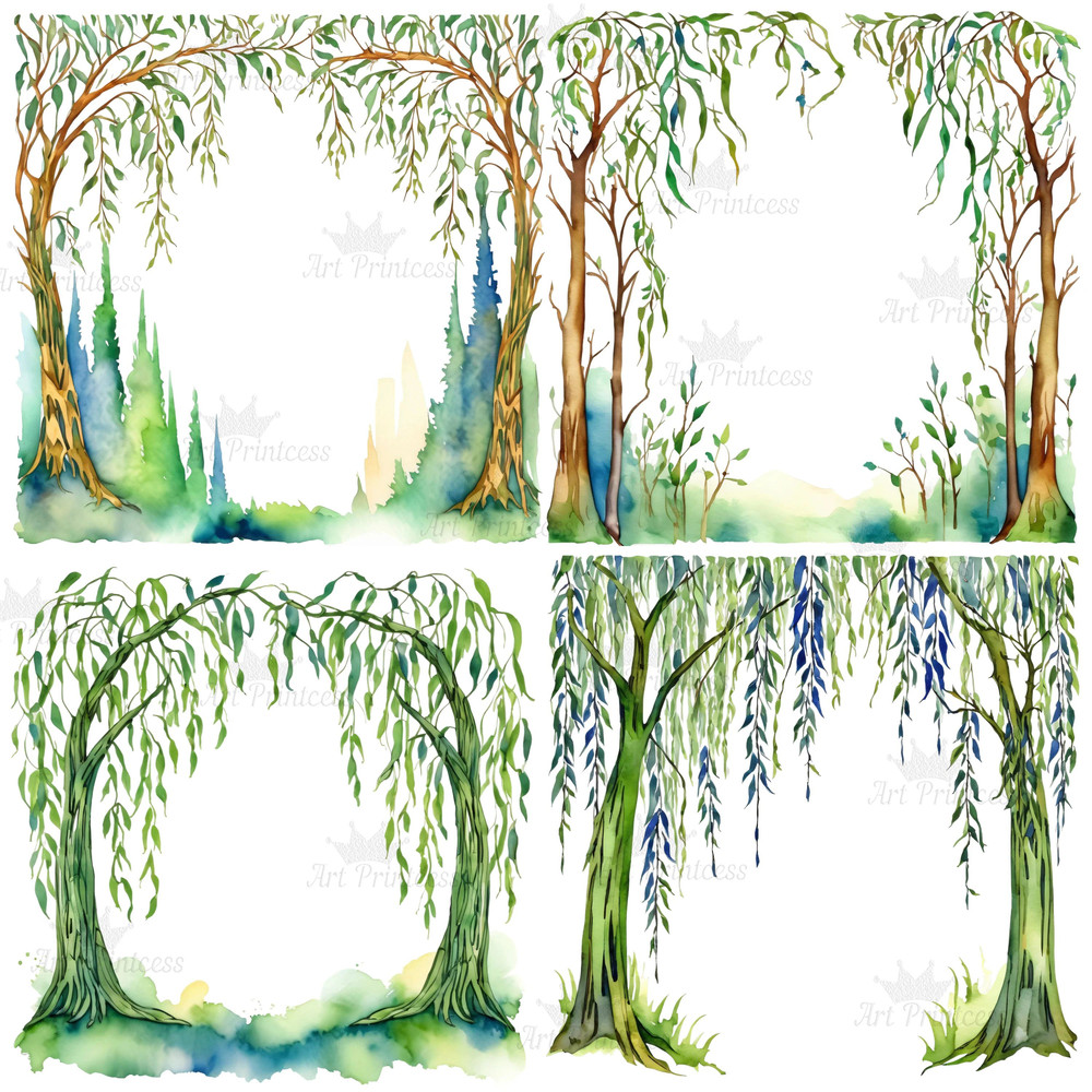 Weeping Willow Tree Border Frame Transparent Background Clipart Bundle For DIY Invitations Cards Pr 6