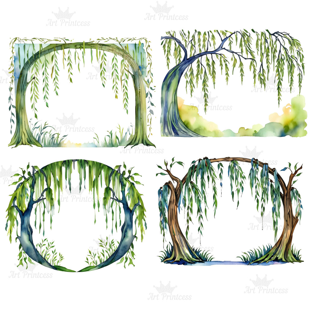 Weeping Willow Tree Border Frame Transparent Background Clipart Bundle For DIY Invitations Cards Pr 9