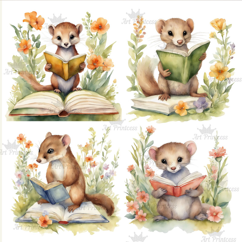Cute Forest Animals Reading Books Watercolor Clipart Bundle Printable Educational Floral Forest Ani 1