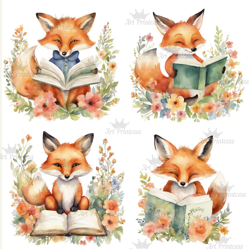 Cute Forest Animals Reading Books Watercolor Clipart Bundle Printable Educational Floral Forest Ani 4