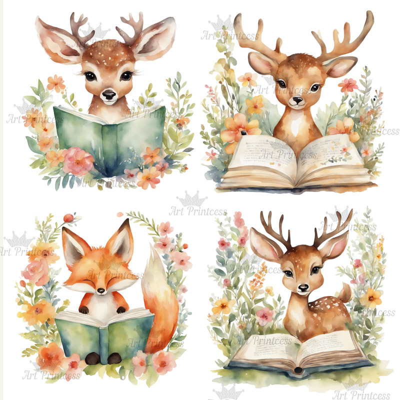 Cute Forest Animals Reading Books Watercolor Clipart Bundle Printable Educational Floral Forest Ani 5