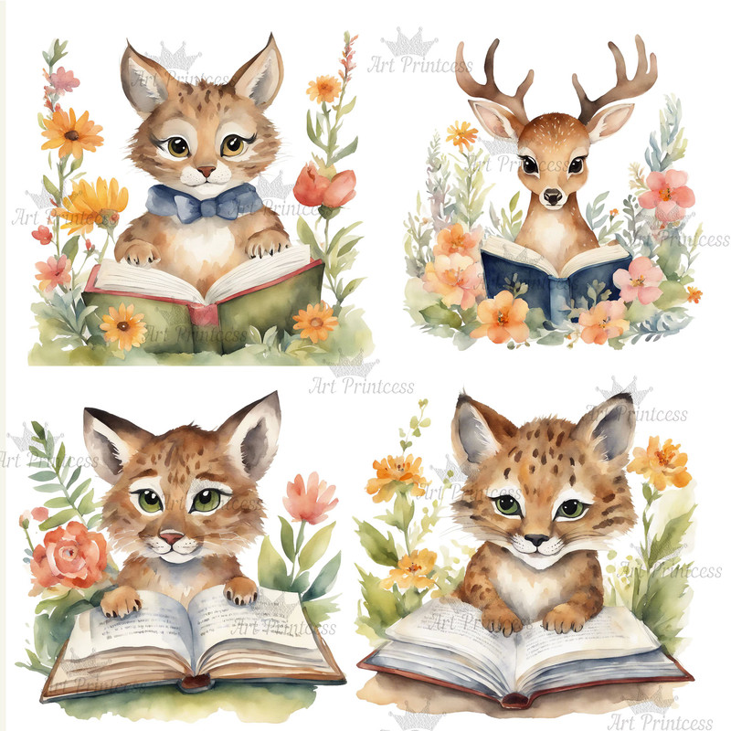 Cute Forest Animals Reading Books Watercolor Clipart Bundle Printable Educational Floral Forest Ani 6