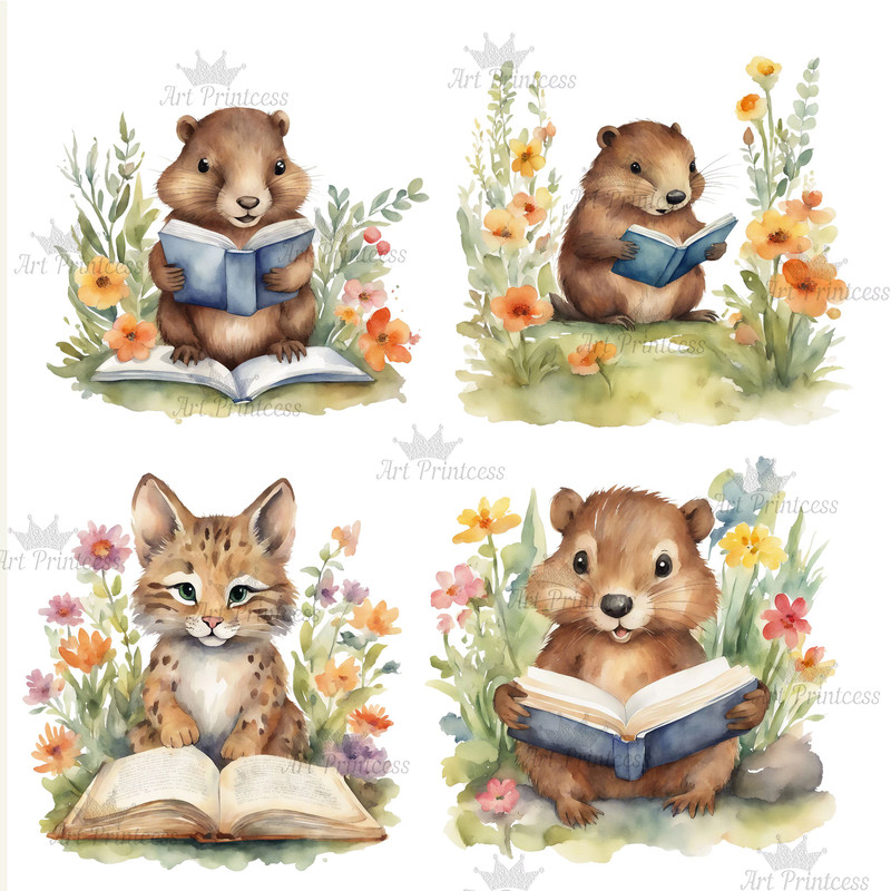 Cute Forest Animals Reading Books Watercolor Clipart Bundle Printable Educational Floral Forest Ani 7