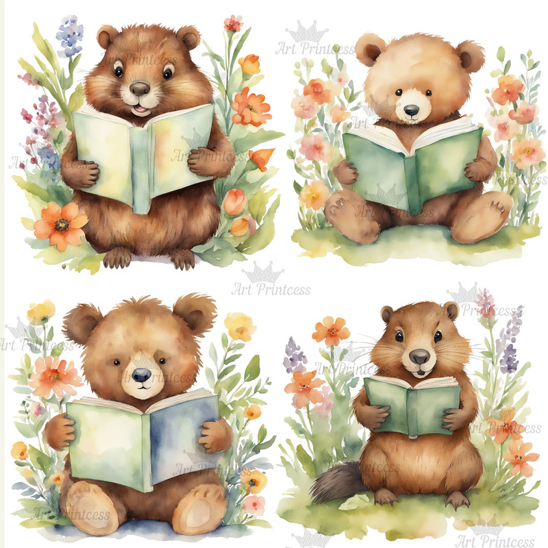 Cute Forest Animals Reading Books Watercolor Clipart Bundle Printable Educational Floral Forest Ani 8