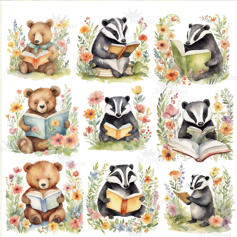 Cute Forest Animals Reading Books Watercolor Clipart Bundle Printable Educational Floral Forest Ani 9
