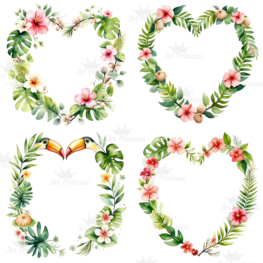 Tropical Heart Frame PNG Clipart Romantic Tropical Frame Overlays For Sublimation DIY Crafts  Digit 1
