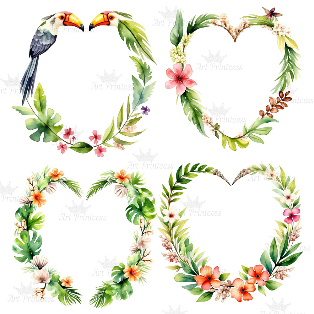 Tropical Heart Frame PNG Clipart Romantic Tropical Frame Overlays For Sublimation DIY Crafts  Digit 2