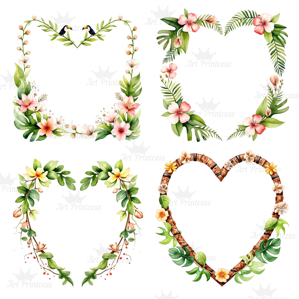 Tropical Heart Frame PNG Clipart Romantic Tropical Frame Overlays For Sublimation DIY Crafts  Digit 3