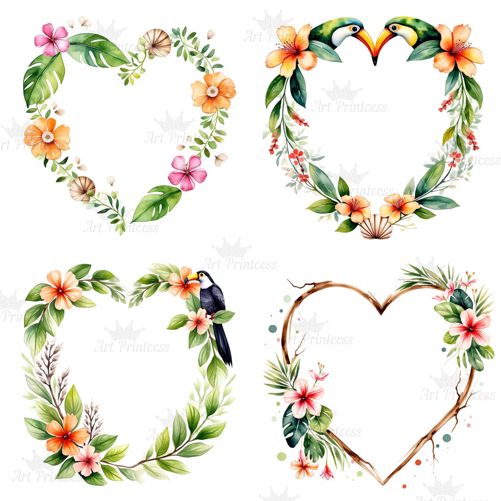 Tropical Heart Frame PNG Clipart Romantic Tropical Frame Overlays For Sublimation DIY Crafts  Digit 4