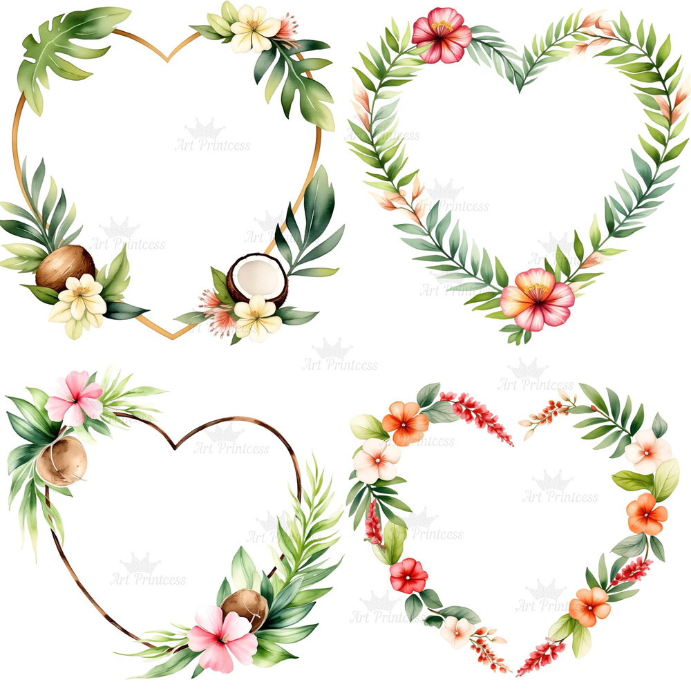 Tropical Heart Frame PNG Clipart Romantic Tropical Frame Overlays For Sublimation DIY Crafts  Digit 8