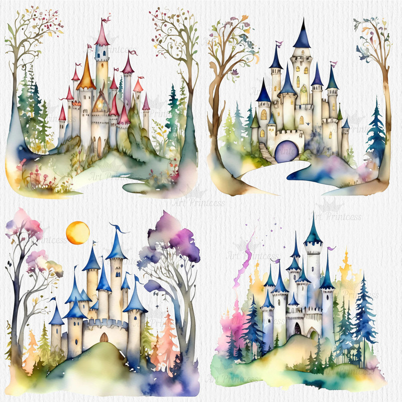 Magical Castle In Forest Watercolor Clipart PNG Bundle Transparent Background Fairytale Watercolor  9