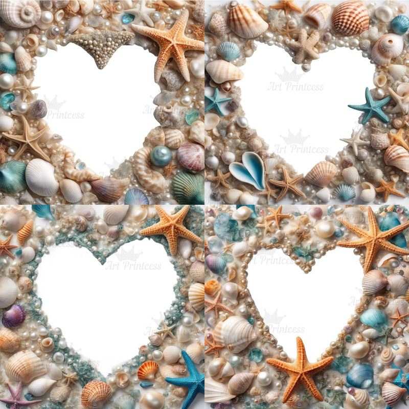 Tropical Seashells Digital Border Frames Clipart PNG Beach Overlays Tropical Coastal Heart Oval Squ 2