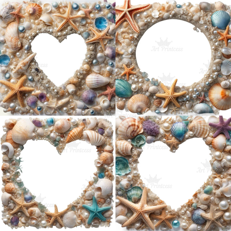 Tropical Seashells Digital Border Frames Clipart PNG Beach Overlays Tropical Coastal Heart Oval Squ 3
