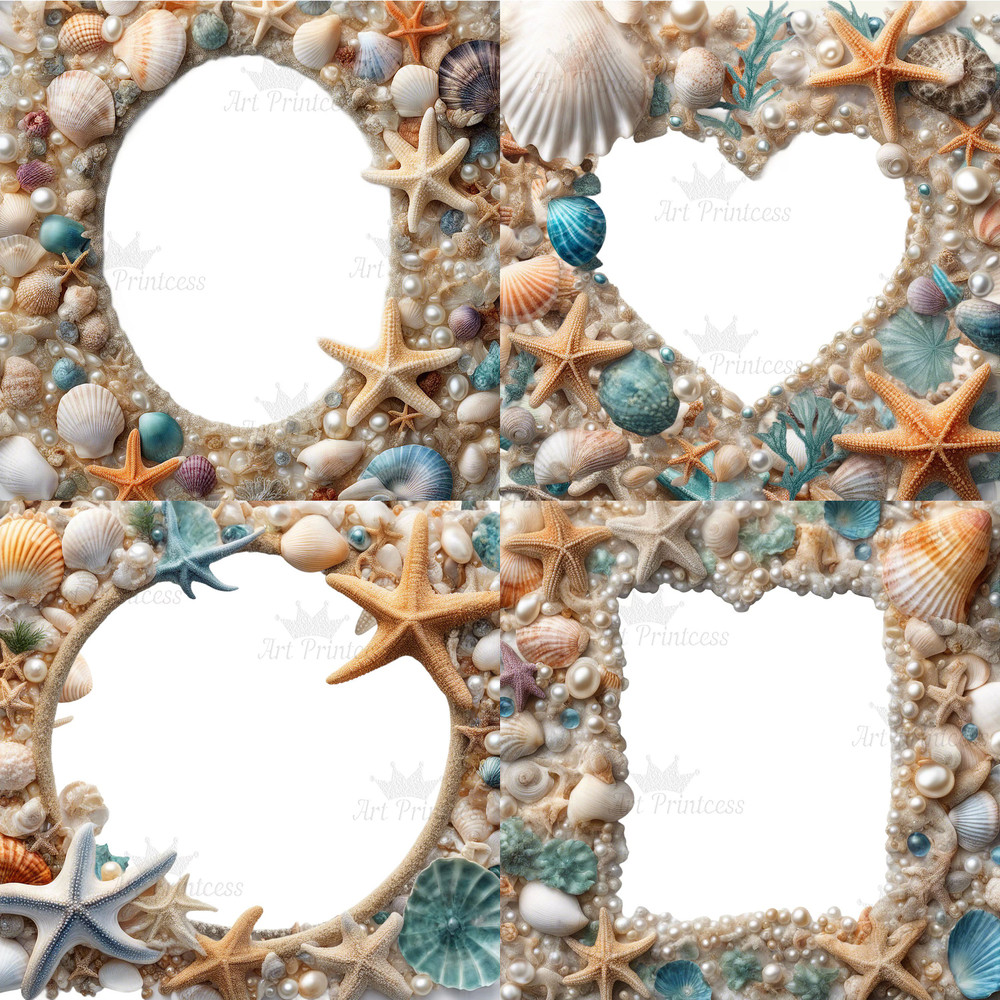 Tropical Seashells Digital Border Frames Clipart PNG Beach Overlays Tropical Coastal Heart Oval Squ 4
