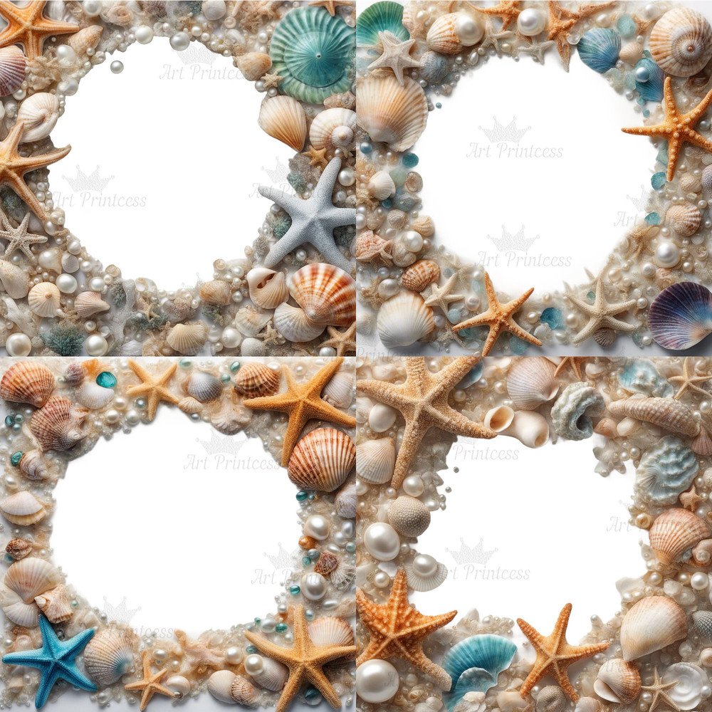 Tropical Seashells Digital Border Frames Clipart PNG Beach Overlays Tropical Coastal Heart Oval Squ 7