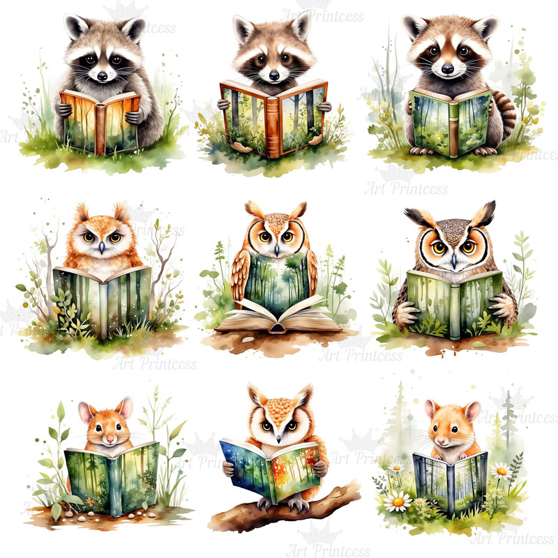 Cute Forest Animals Reading Books Clipart Cute Watercolor Woodland Creatures PNG Digital Download S 5