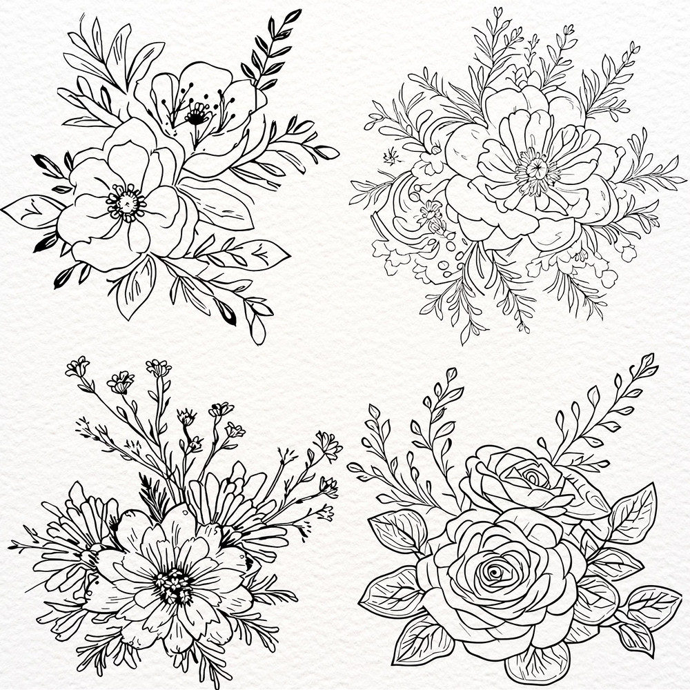 Minimalist Doodle Flowers Clipart Bundle PNG SVG Boho Flowers Outlines PNG Doodle Flowers Sublimati 1