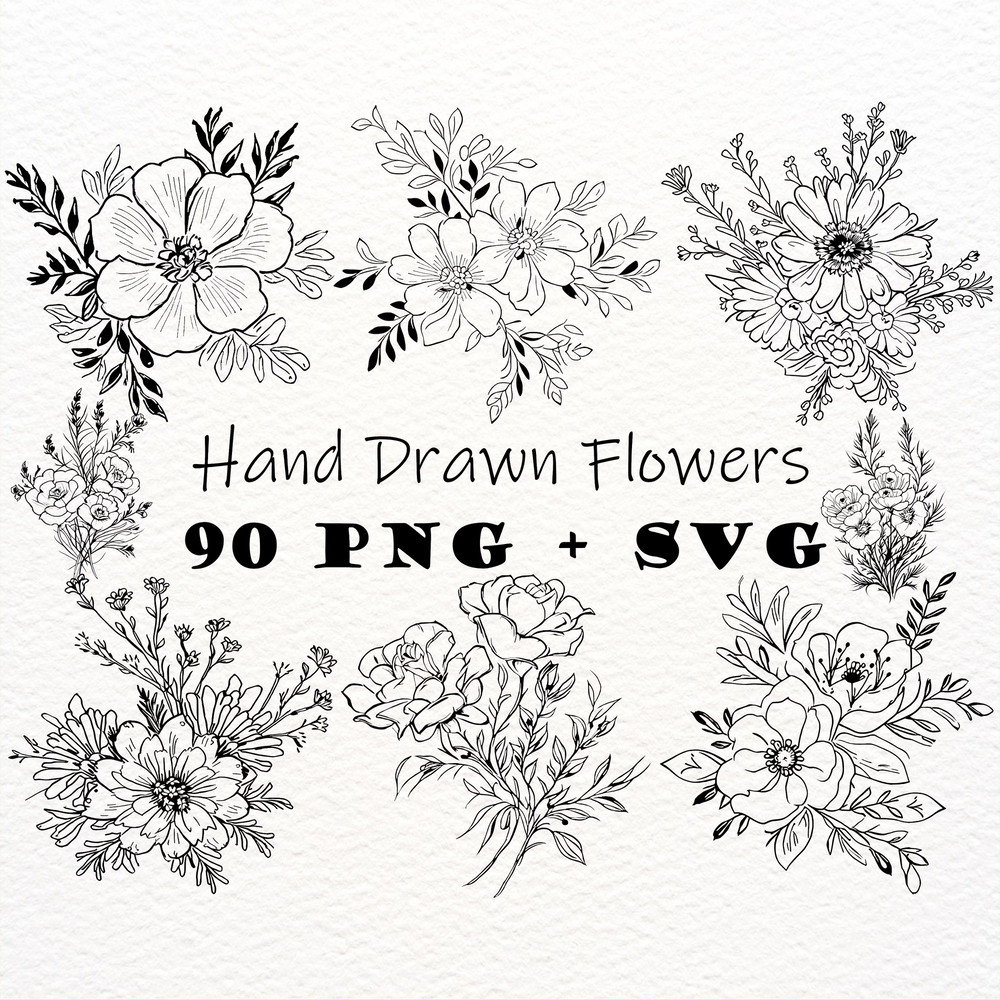 Minimalist Doodle Flowers Clipart Bundle PNG SVG Boho Flowers Outlines PNG Doodle Flowers Sublimati 5
