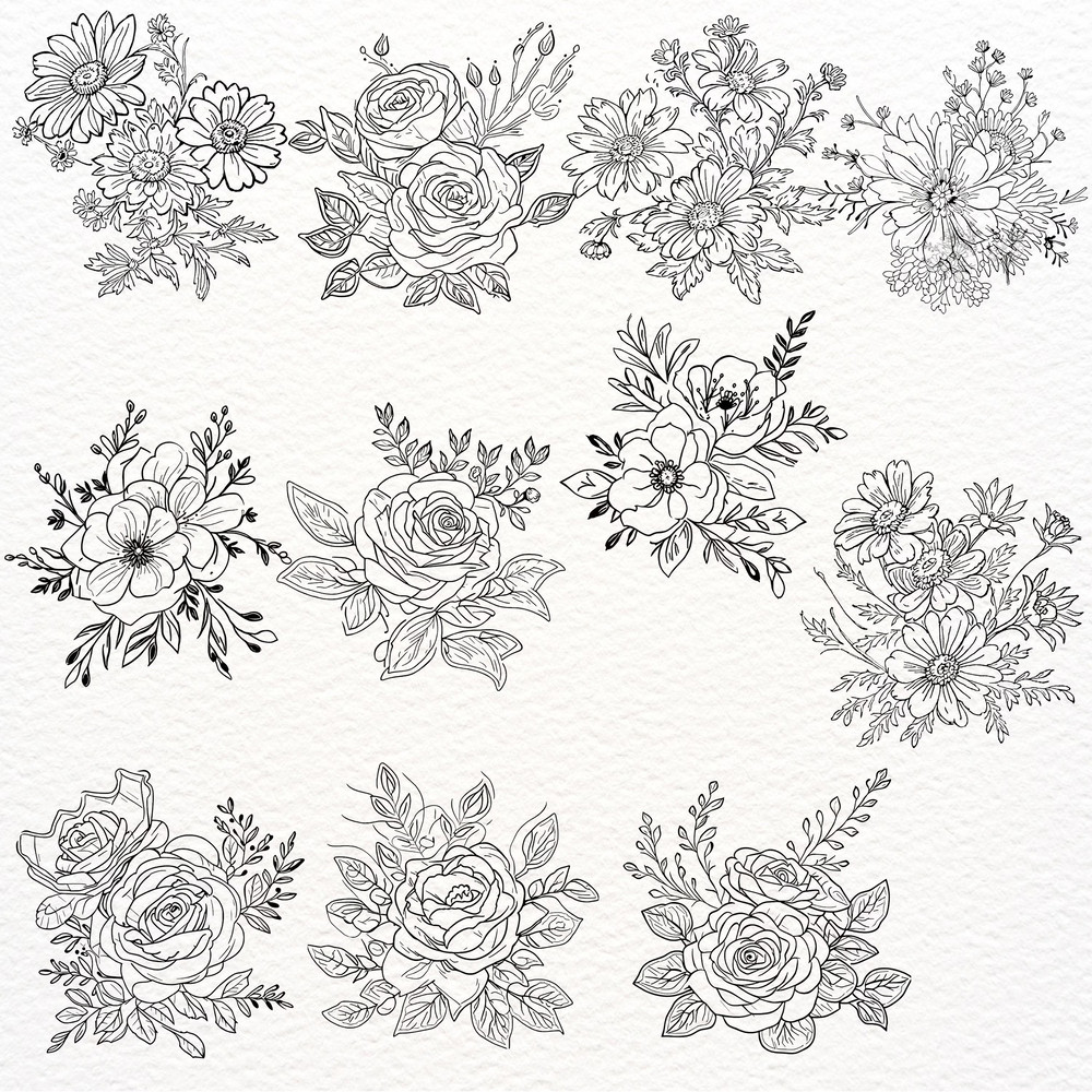 Minimalist Doodle Flowers Clipart Bundle PNG SVG Boho Flowers Outlines PNG Doodle Flowers Sublimati 6