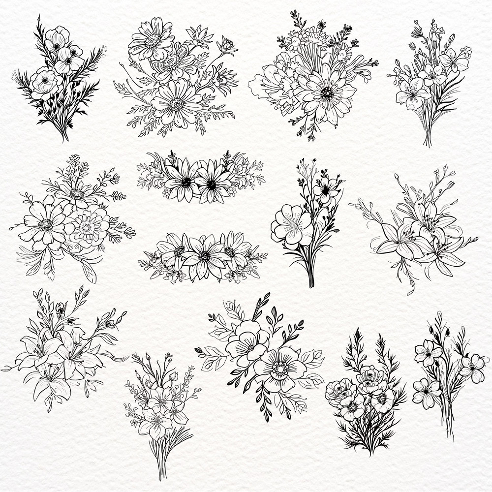 Minimalist Doodle Flowers Clipart Bundle PNG SVG Boho Flowers Outlines PNG Doodle Flowers Sublimati 7