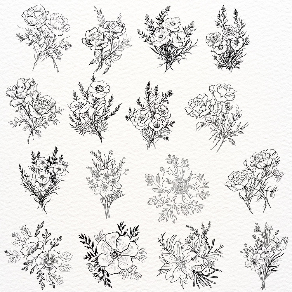 Minimalist Doodle Flowers Clipart Bundle PNG SVG Boho Flowers Outlines PNG Doodle Flowers Sublimati 8