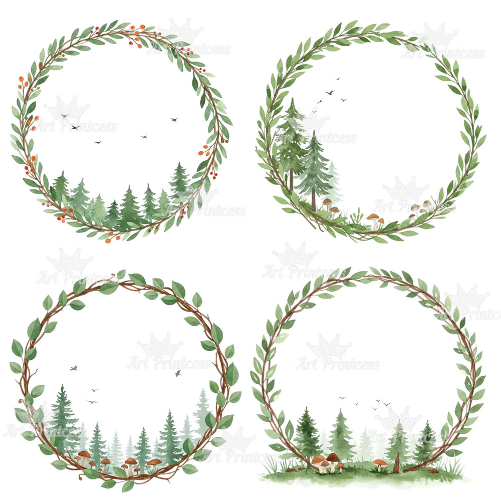 Forest Trees Wreaths Watercolor Clipart Bundle Greenery Frames Woodland Borders PNG Digital Downlo 1