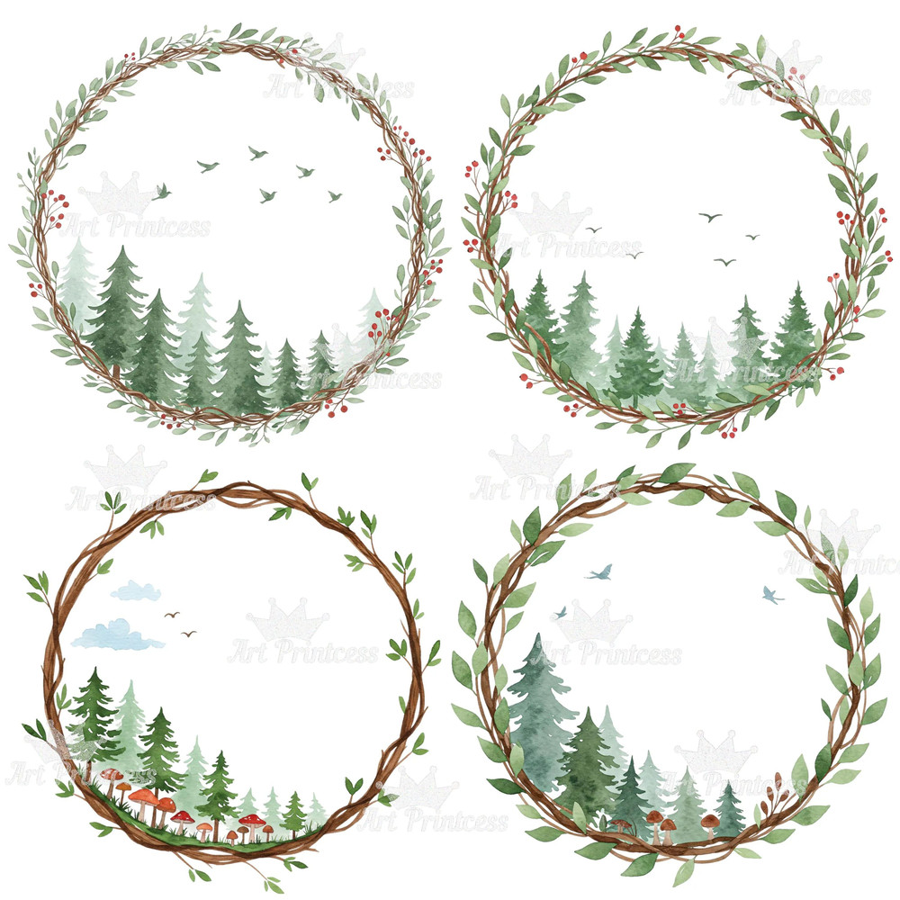 Forest Trees Wreaths Watercolor Clipart Bundle Greenery Frames Woodland Borders PNG Digital Downlo 2