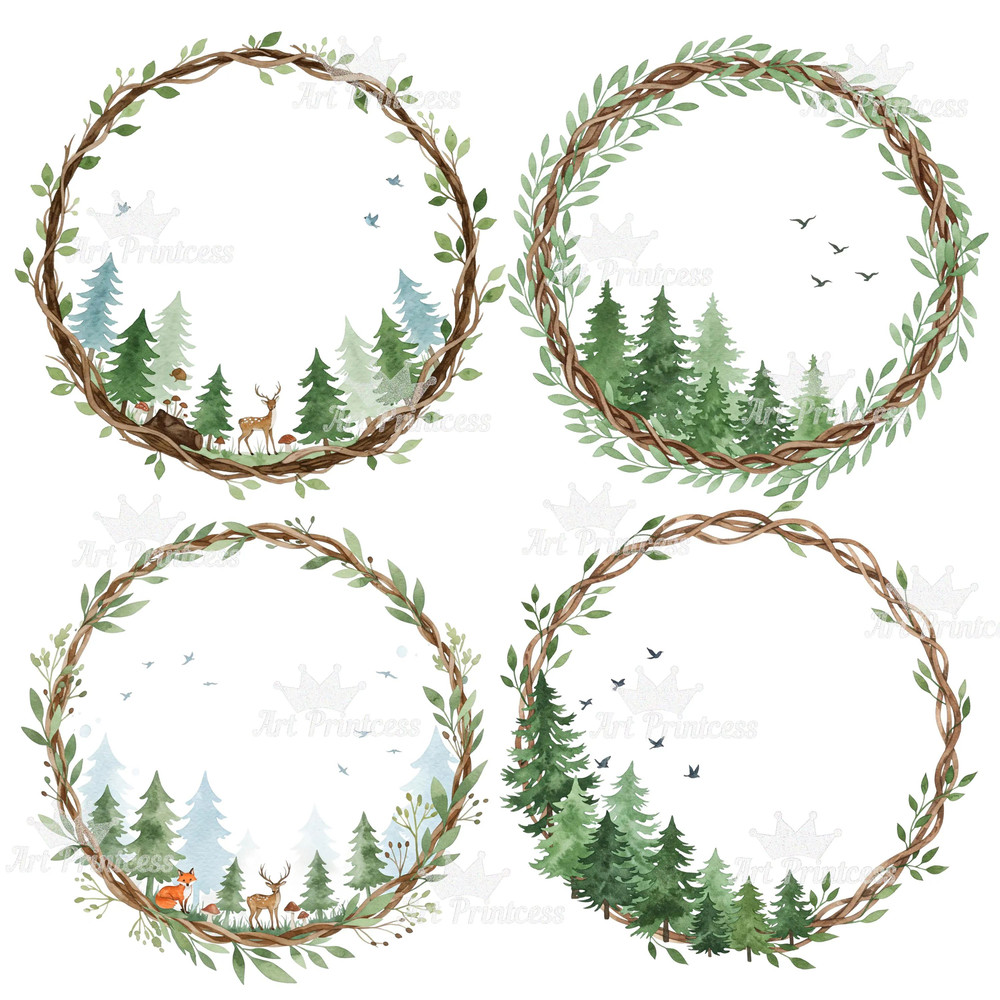 Forest Trees Wreaths Watercolor Clipart Bundle Greenery Frames Woodland Borders PNG Digital Downlo 3