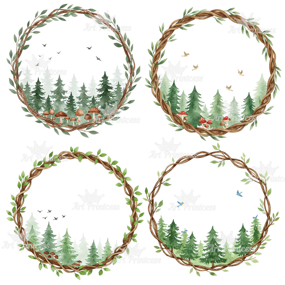 Forest Trees Wreaths Watercolor Clipart Bundle Greenery Frames Woodland Borders PNG Digital Downlo 4