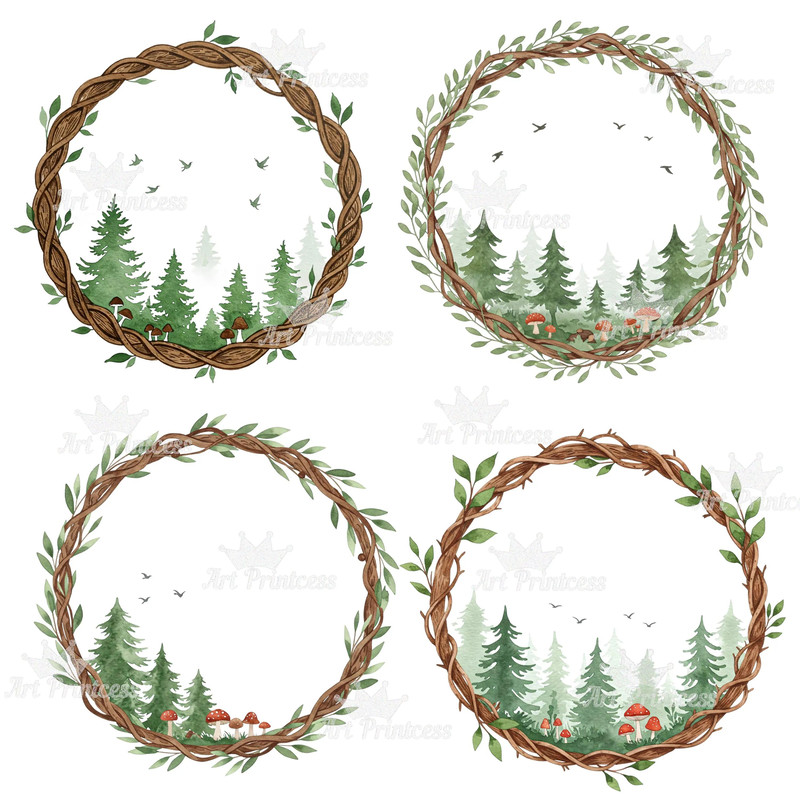 Forest Trees Wreaths Watercolor Clipart Bundle Greenery Frames Woodland Borders PNG Digital Downlo 5