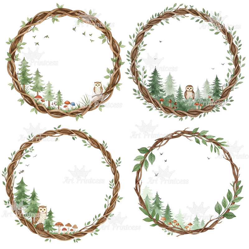 Forest Trees Wreaths Watercolor Clipart Bundle Greenery Frames Woodland Borders PNG Digital Downlo 6