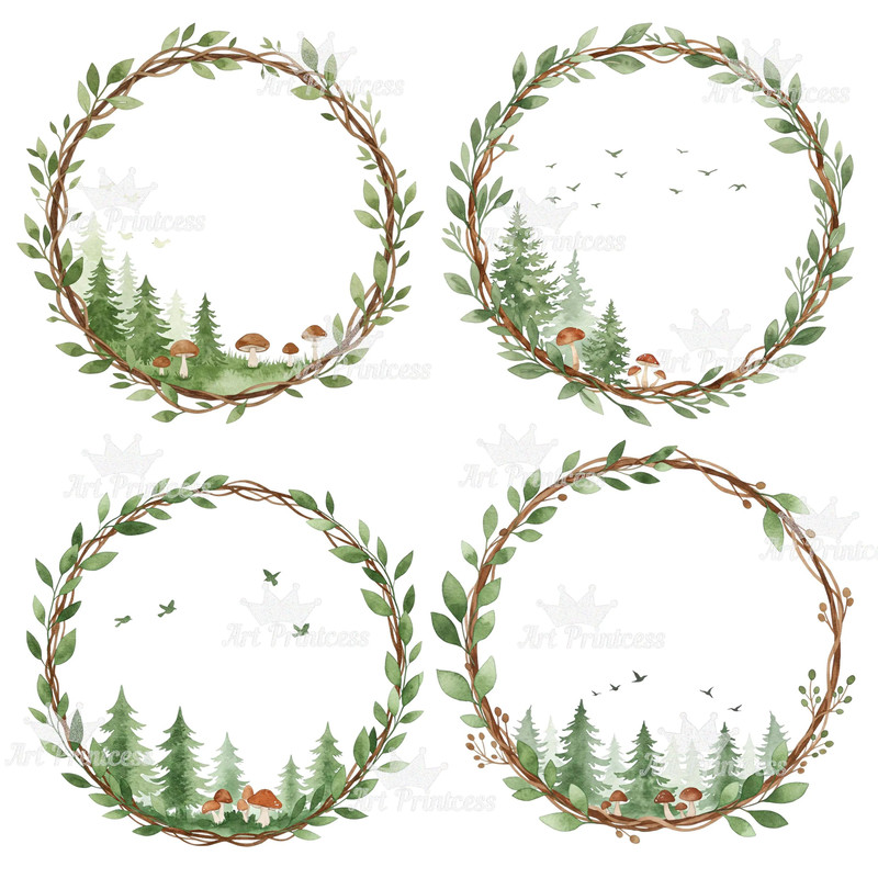Forest Trees Wreaths Watercolor Clipart Bundle Greenery Frames Woodland Borders PNG Digital Downlo 7