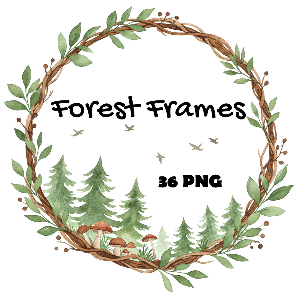 Forest Trees Wreaths Watercolor Clipart Bundle Greenery Frames Woodland Borders PNG Digital Downlo 0