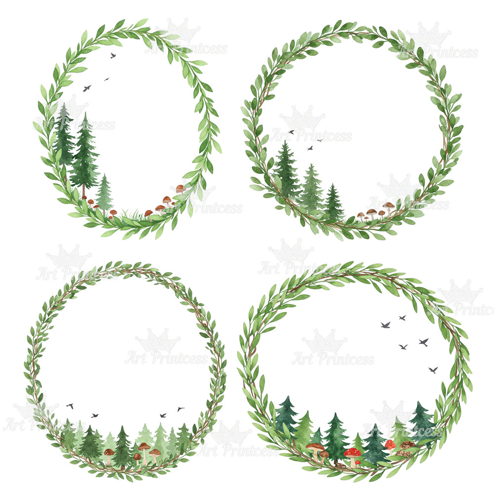 Forest Trees Wreaths Watercolor Clipart Bundle Greenery Frames Woodland Borders PNG Digital Downlo 8